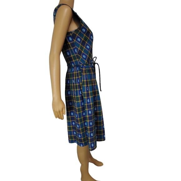 Belted Blue Green Plaid Vintage Hand Made Pleated Ribbon Tie Midi Dress Size S - Picture 3 of 8